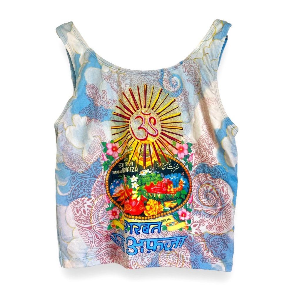 Boho Floral Om Graphic Tank Top - Blue & White